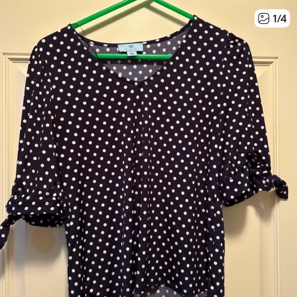 CeCe Polka Dot V-Neck Tie-Sleeve Top - Navy